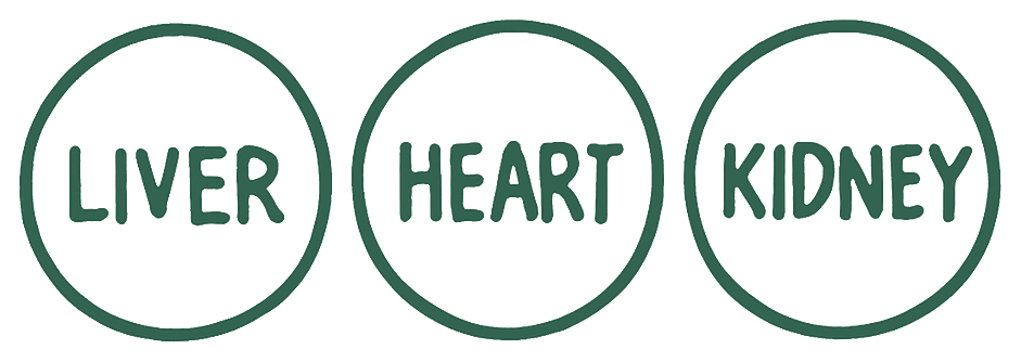 A hand-drawn diagram of three circles, labelled “Liver”, “Heart” and “Kidney”.