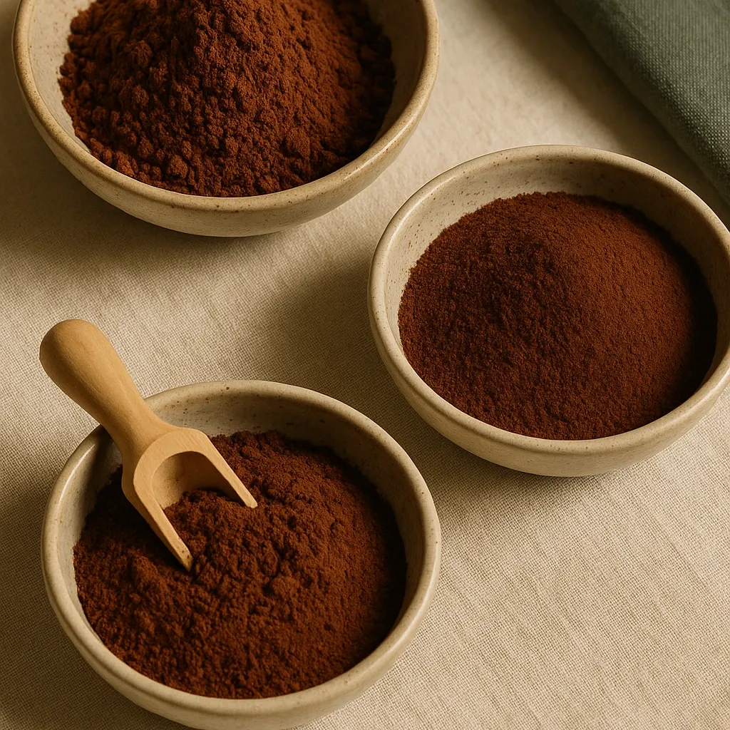 Three bowls of milled bovine organ powder with a wooden scoop.