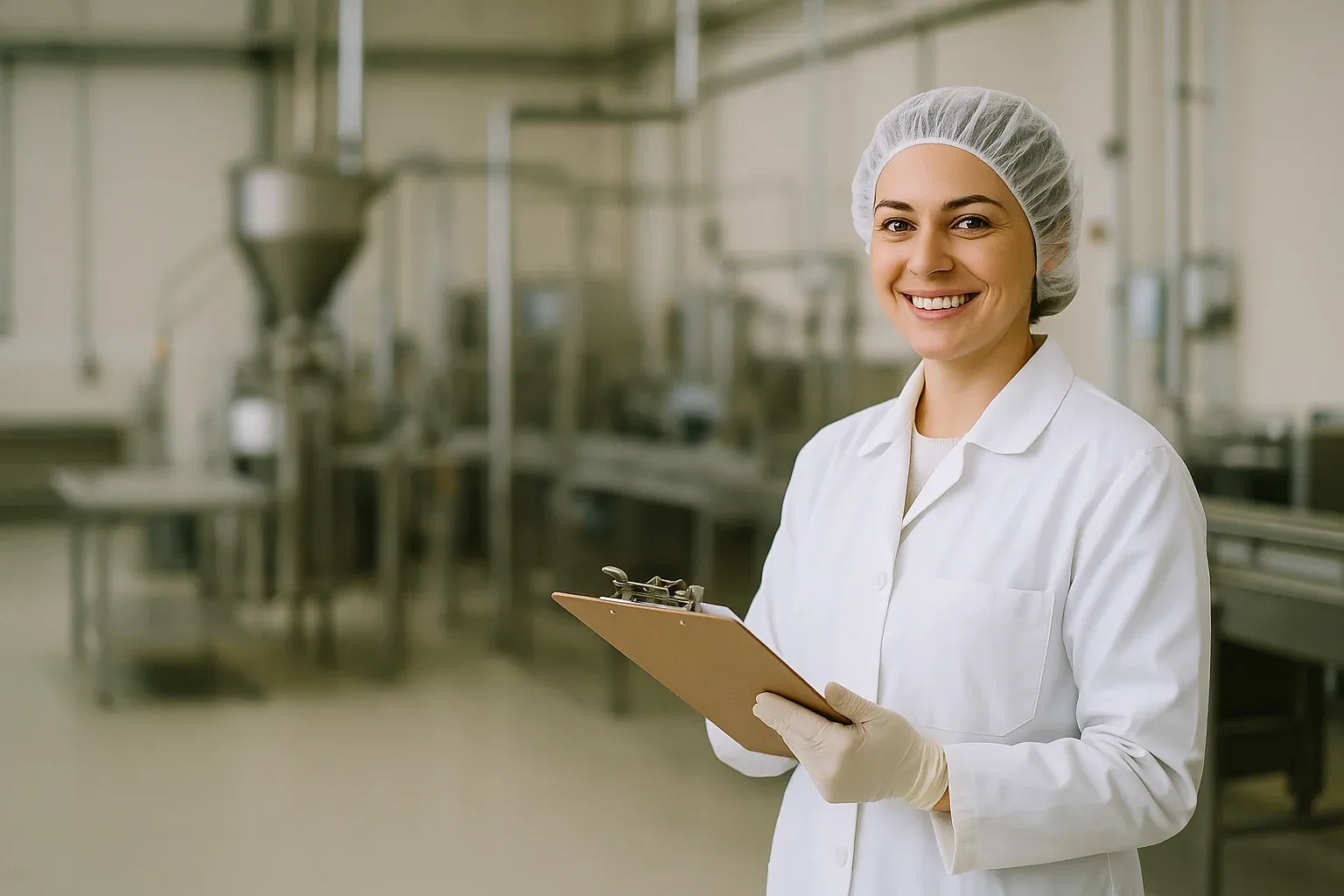 A quality technician in a lab coat, hairnet and gloves on the plant floor.